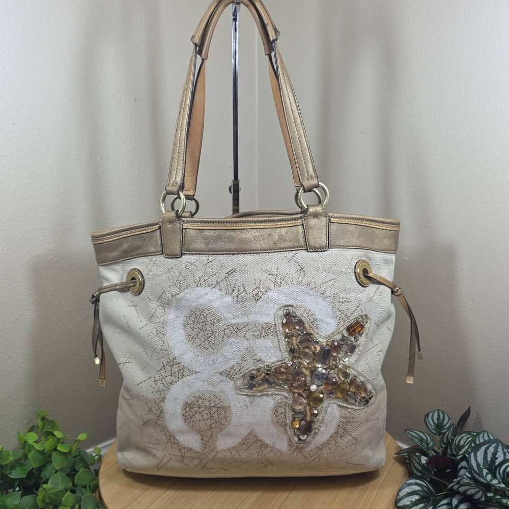 Coach Audrey Leigh Slim Tote | Bronze Gold Starfish Canvas Tote | Style 17031